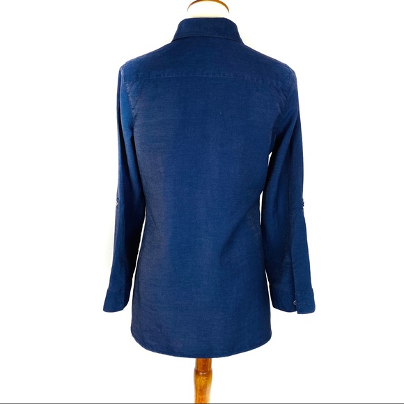 Chico’s Adjustable Sleeve Tunic Long Line Navy Blue Blouse Small - Picture 3 of 8